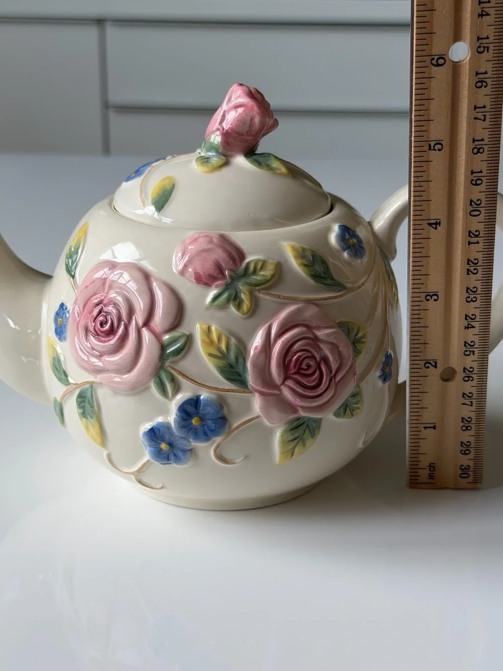 KF Vintage Ivory Glaze Ceramic Teapot - Embossed Pink Roses & Blue Flowers.